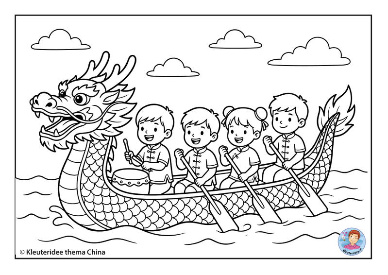 Kleurplaat drakenbootrace thema China kleuteridee